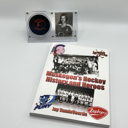 Muskegon Hockey Memorabilia Murray Flagel Mohawks Puck & Hockey History and Heroes Book /cb