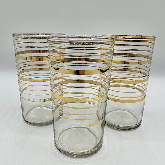 Set Of 3 MCM 4 1/2” Highball Glasses Gold Band Vintage Barware /cb