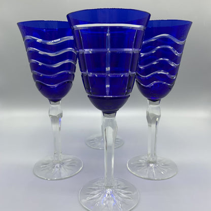 Stunning Cobalt Cut to Clear Water/Wine Goblets /hge