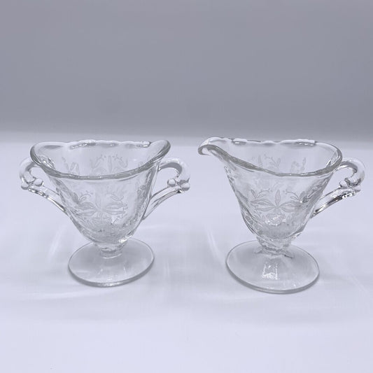 Vintage HEISEY “Orchid” Miniature Etched Glass Sugar Bowl and Creamer Set /hgo