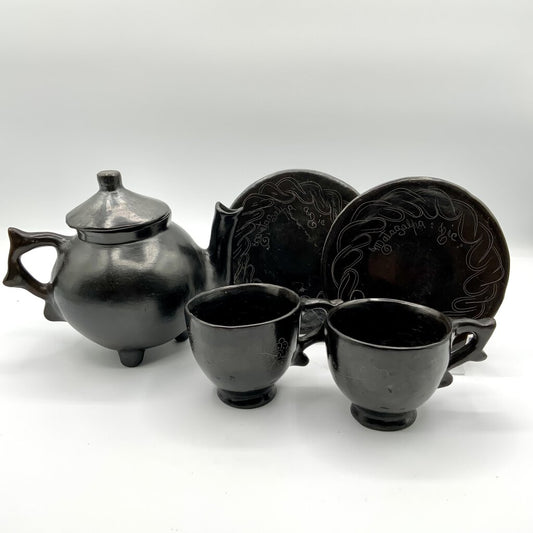 Black Clay Etched Tea Set /ah