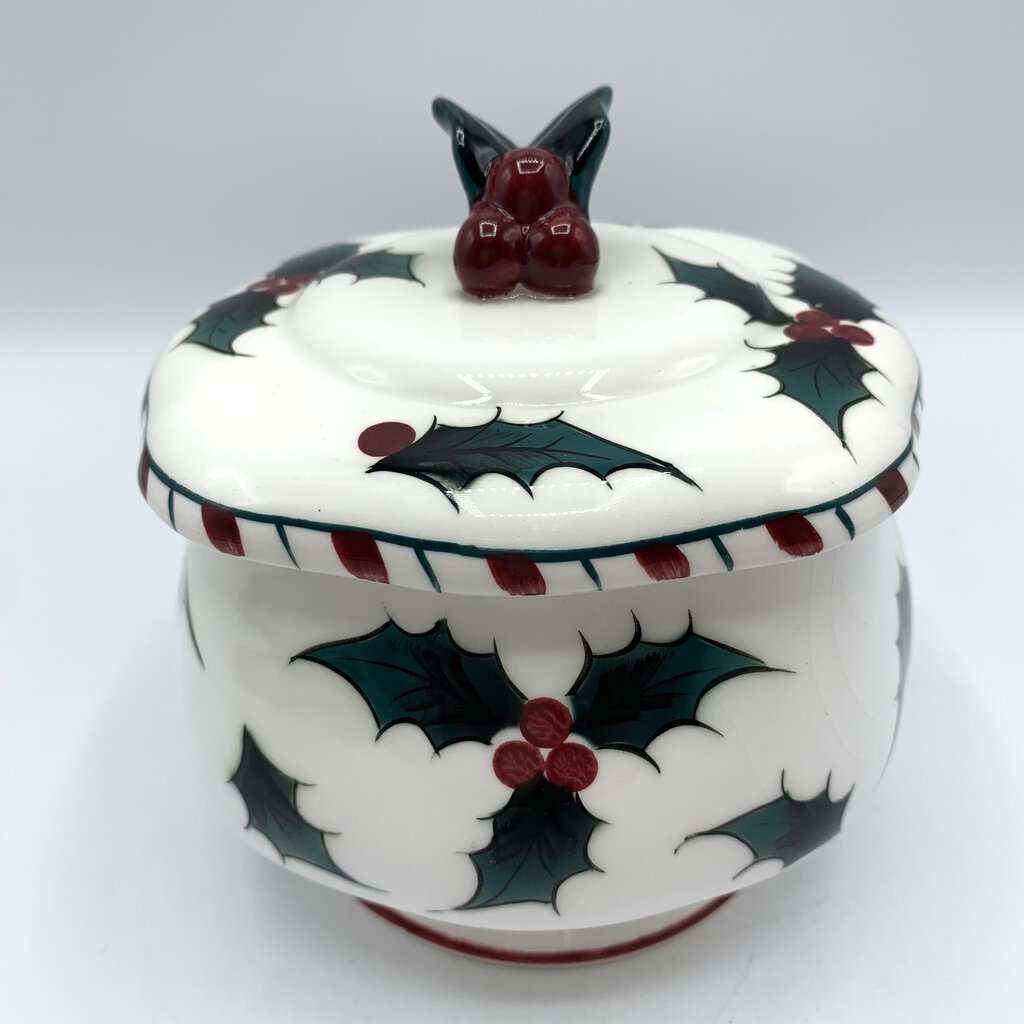 Vintage Mid-Century LEFTON Christmas Holly Berry Covered Candy Dish /hgo