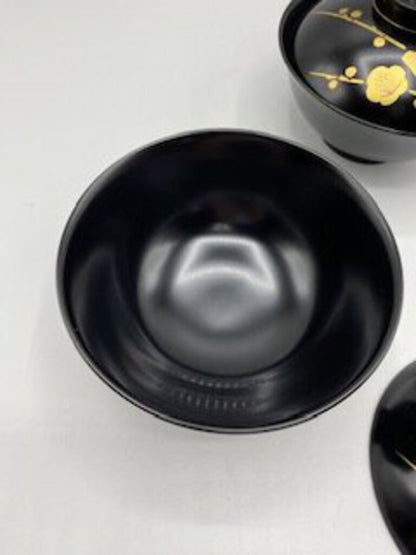 Vintage Japanese Black & Gold Lacquer Rice/Soup Bowls w/Lids Set of 2 /ro