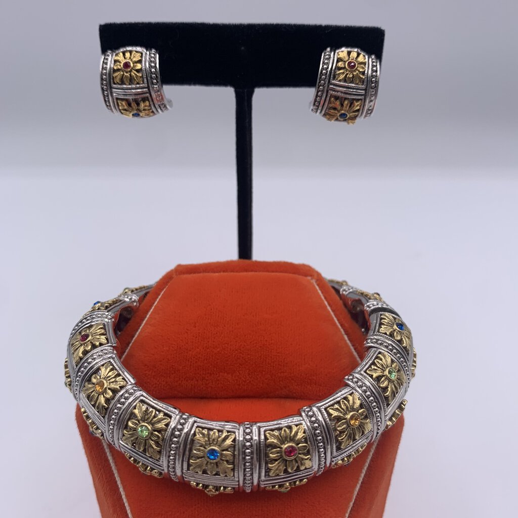 Signed Joan Rivers Silver and Gold Tone Crystal Gem Stretch Bracelet and Earrings Set /hge