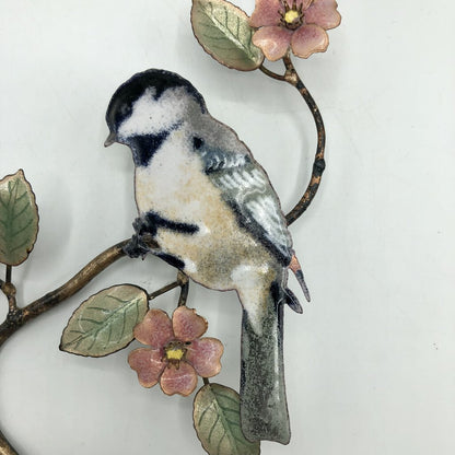 Vtg Bovano of Chester Enamel on Copper Chickadee Perched on Apple Branch /b
