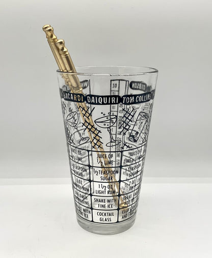 Ah/ Vintage Federal Cocktail Recipe Tumbler Glass Barware with Martini Bar Tools