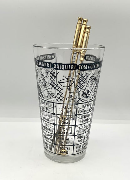 Ah/ Vintage Federal Cocktail Recipe Tumbler Glass Barware with Martini Bar Tools