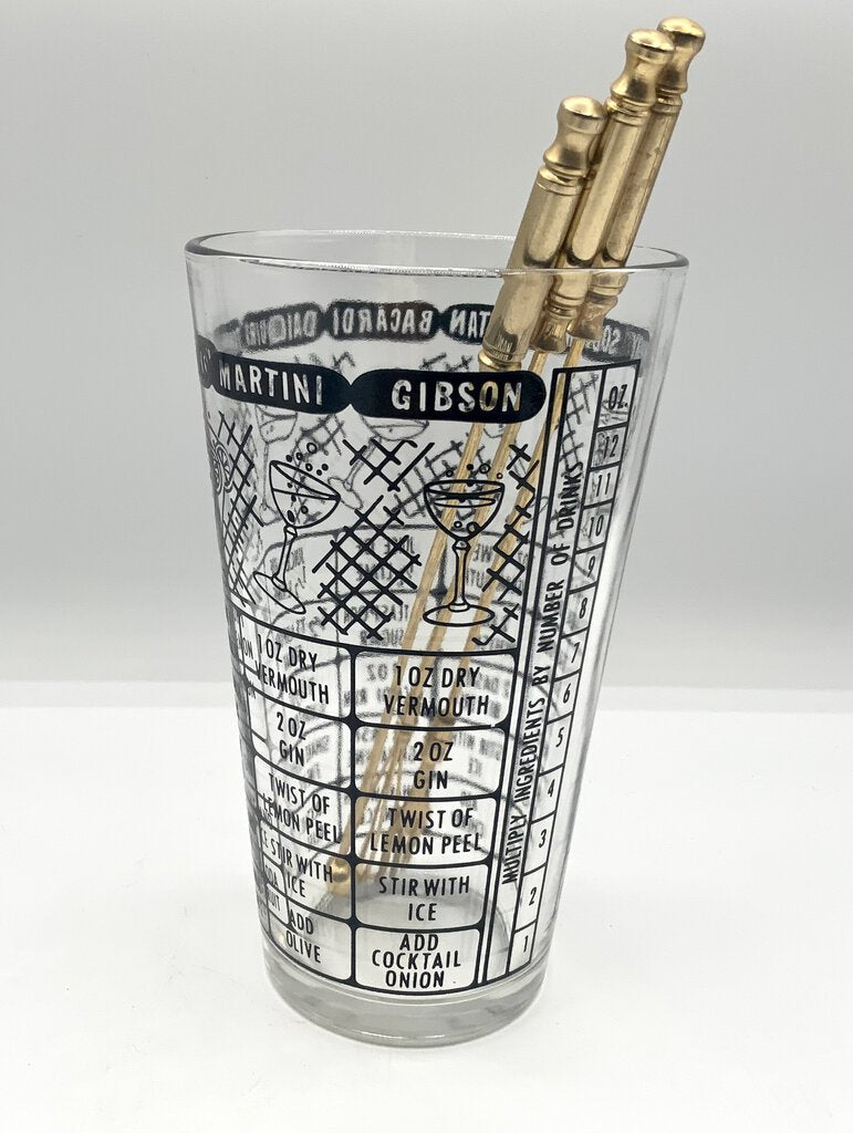 Ah/ Vintage Federal Cocktail Recipe Tumbler Glass Barware with Martini Bar Tools