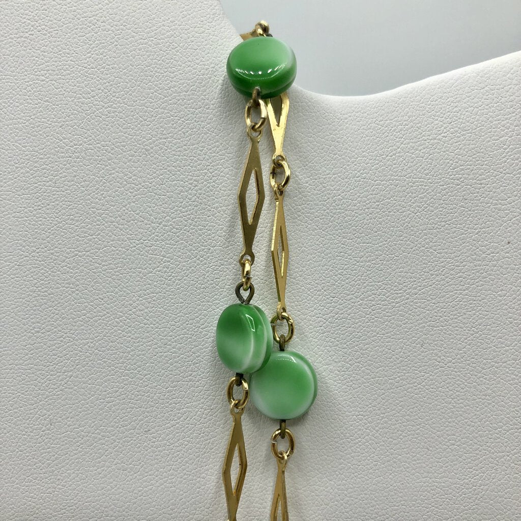 B/ Vintage Gold Tone & Green Bead Drape Necklace