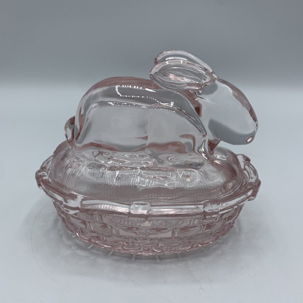 hge/Vintage L.E. Smith Pink Glass Rabbit on Nest Candy Dish