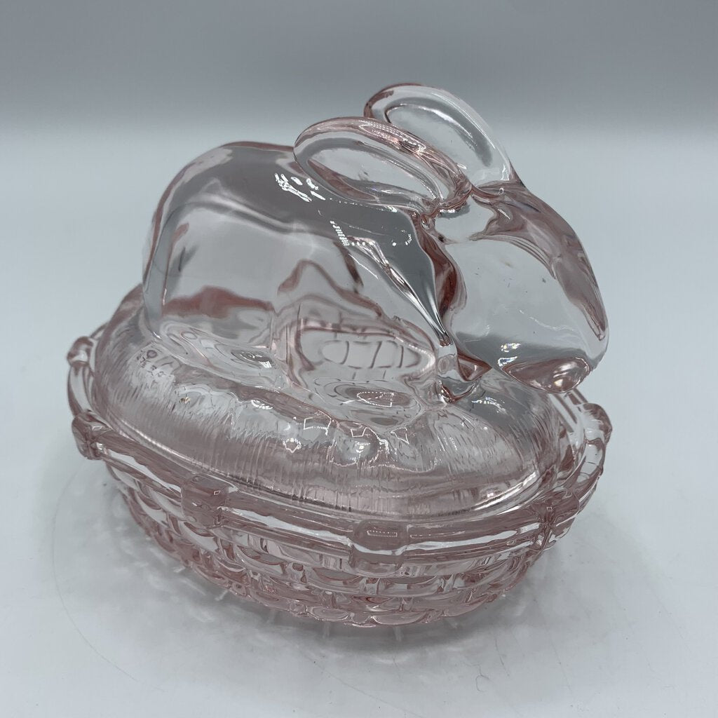 hge/Vintage L.E. Smith Pink Glass Rabbit on Nest Candy Dish