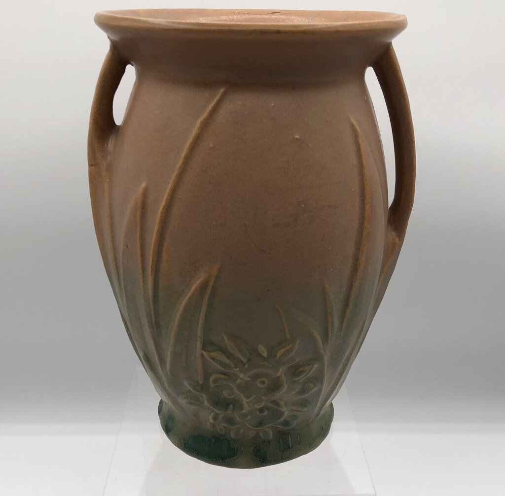 1930’s Nelson McCoy Matte Glaze Leaf & Floral Double Handle Vase /b