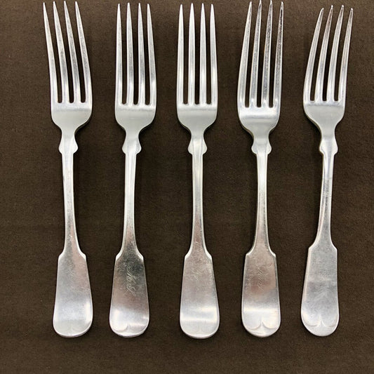 Lot of 5 Antique Fiddle Back Dinner Forks/ Reed & Barton/ W.M. Rogers/ Rockford S.P.Co. /b
